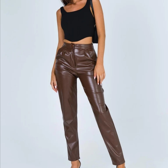 PRINCESS POLLY LOVE CLUB PANTS Brown Vegan Leather size US 12 - Picture 1 of 16